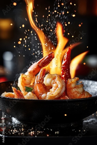Shrimp cooking with flames in pan	