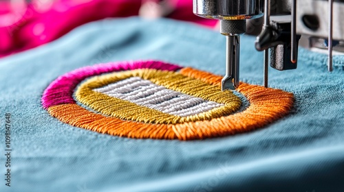 Printing t-shirt fashion concept. Embroidery Machine Stitching on Fabric Surface