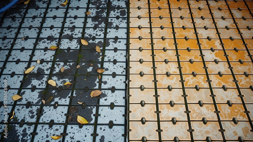 Obraz premium A weathered tiled floor, with one side covered in autumn leaves and the other side appearing worn