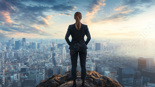 Successful businesswoman gazing at city skyline from mountain top at sunrise, symbolizing vision and leadership