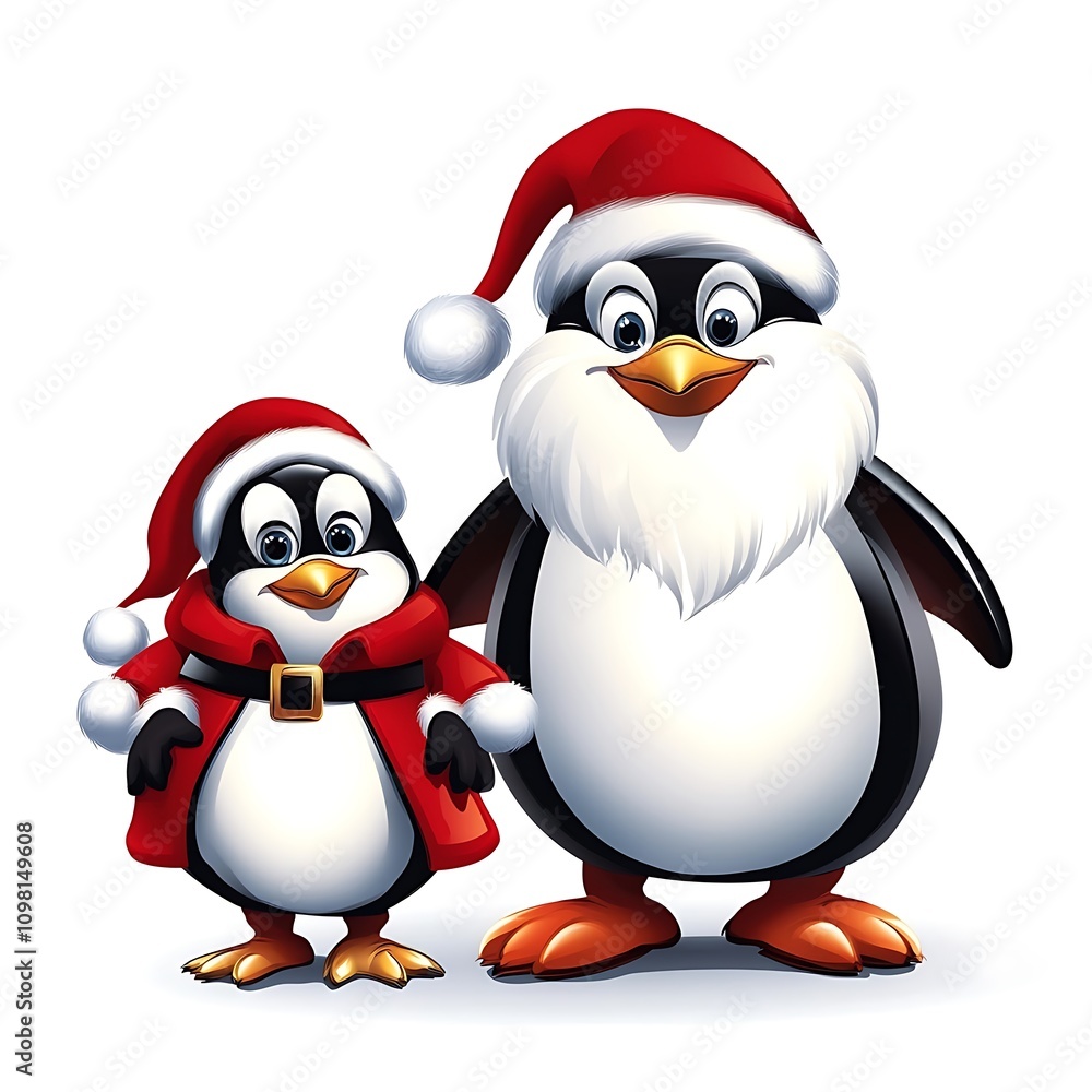 Fototapeta premium Cartoon Santa penguin parent isolated on a white background.