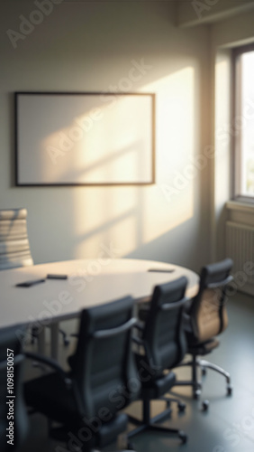 Blurred background of a modern meeting room with sleek furniture, glass walls, and natural light, creating a professional and contemporary workspace atmosphere.
