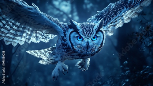 a owl with beautiful blue eyes spreading its wings and taking flight against the backdrop of a beautiful night forest photo