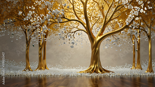 3D mural golden tree wallpaper high-quality AI-generated.
