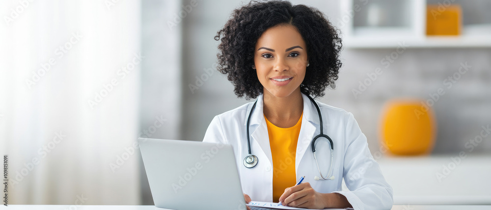 Εκτύπωση καμβά Young woman medical assistant engaged in patient care, utilizing laptop for docu