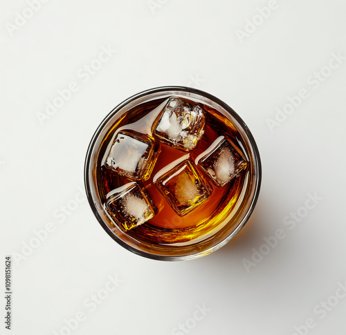A top-down view of an ice-cold glass filled to the brim with cola, centered on a white background.