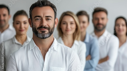 A group of people are standing together, with one man in the center of the group. The man is wearing a white shirt and has a beard. The group appears to be posing for a photo