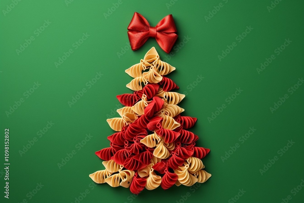 A Creative and Colorful Pasta Christmas Tree Decoration Beautifully Adorned with a Bright Red Bow