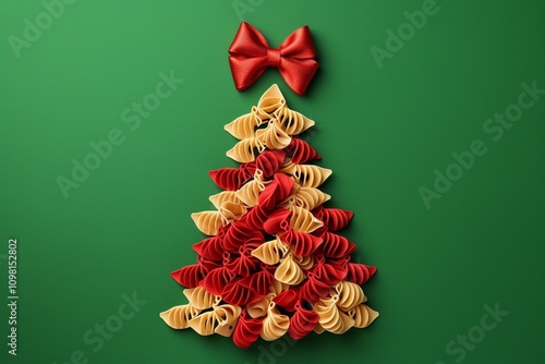 Obraz na płótnie A Creative and Colorful Pasta Christmas Tree Decoration Beautifully Adorned with a Bright Red Bow w salonie