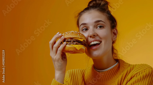 Woman enjoying a cheeseburger, licking her fingers after a delicious bite. Standing against an orange background, savoring fast food delivery. photo