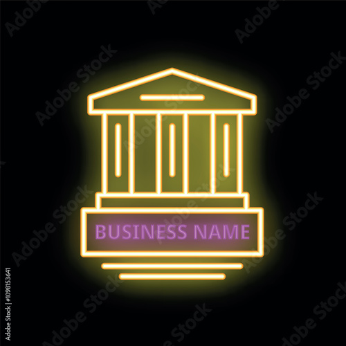 Glowing neon sign depicting a business building with columns, perfect for any enterprise wanting to attract customers at night