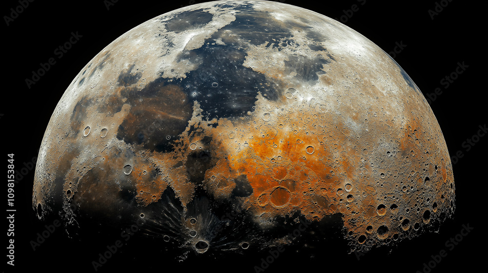 Naklejka premium Detailed view of the moon showcasing craters and unique surface textures under a starry sky