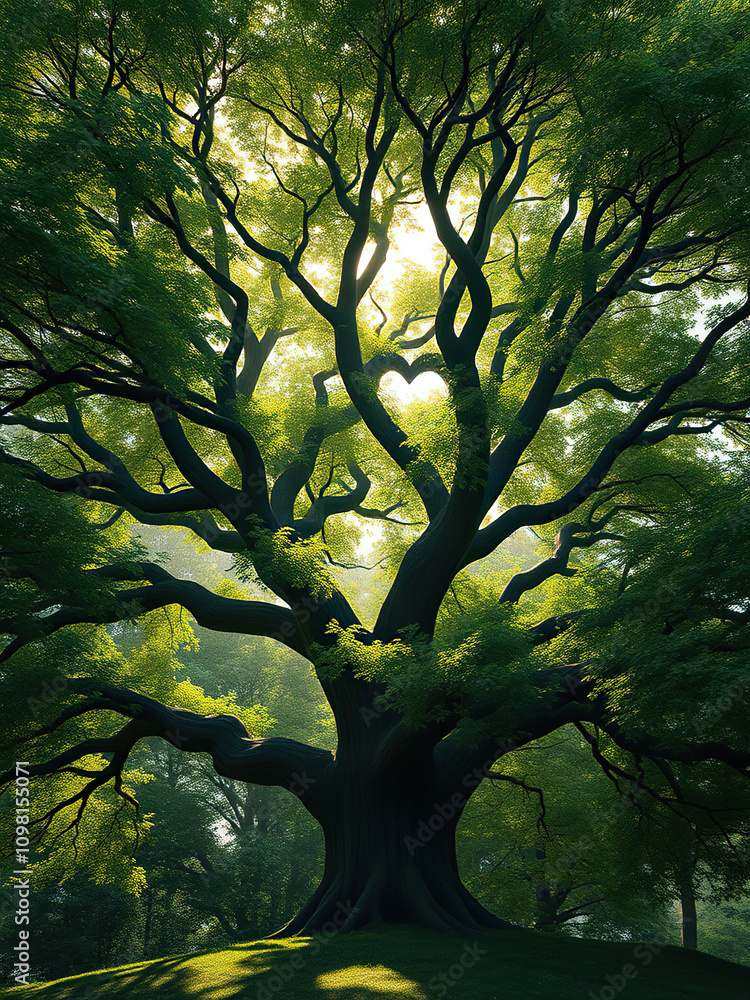 Fototapeta premium Dense thicket of twigs and leaves creates a unique heart-shaped silhouette in the center of a tree's canopy , canopy, nature, silhouetted, tree