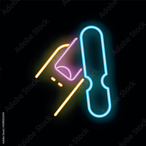 Colorful neon sign of a nail file performing a manicure on a fingernail, set against a black background