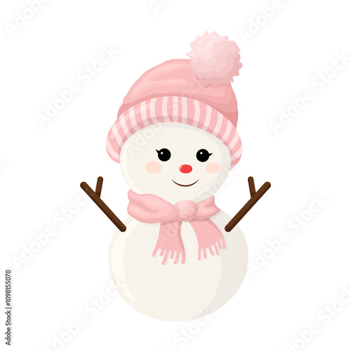 Cute snowman with pink fur hat and scarf. 핑크색 털모자와 목도리를한 귀여운 눈사람