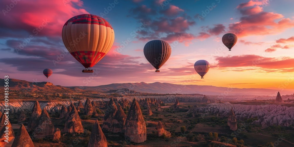 Naklejka premium Colorful hot air balloons soar over a stunning desert landscape at sunset. created by ai