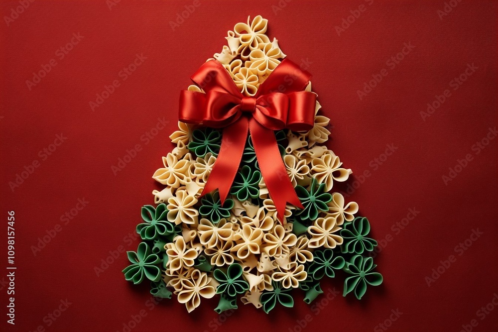 A Creative and Colorful Pasta Christmas Tree Decoration Beautifully Adorned with a Bright Red Bow
