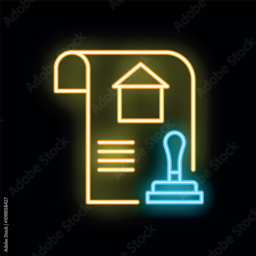 Glowing neon line house contract icon isolated on black background. Building agreement sign. Business concept. Vector illustration