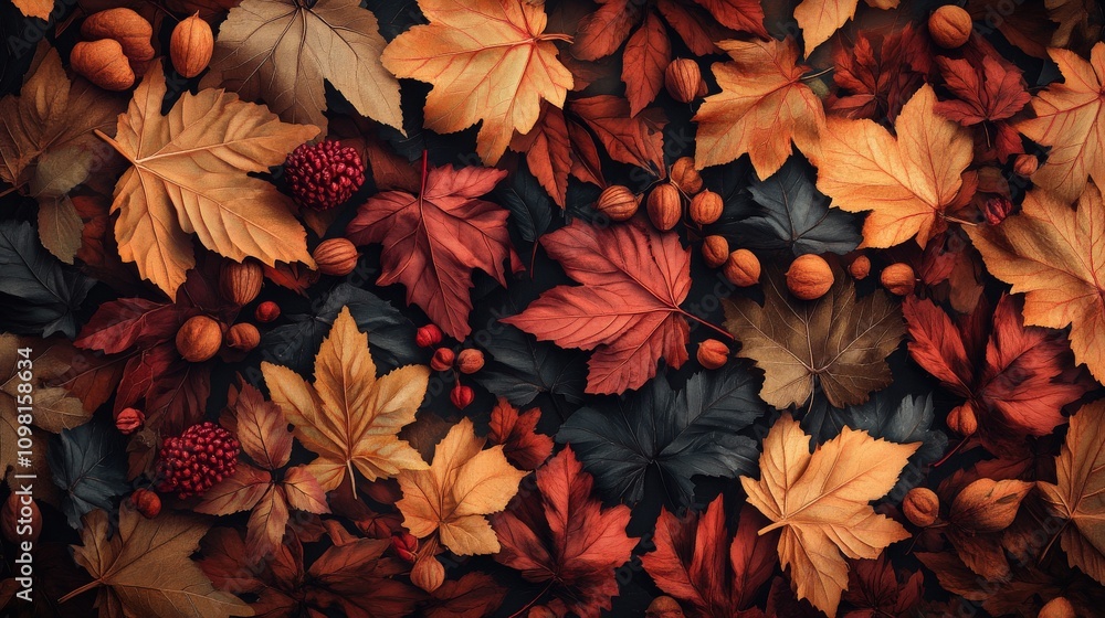 Fototapeta premium Autumnal Leaves and Berries on a Dark Background