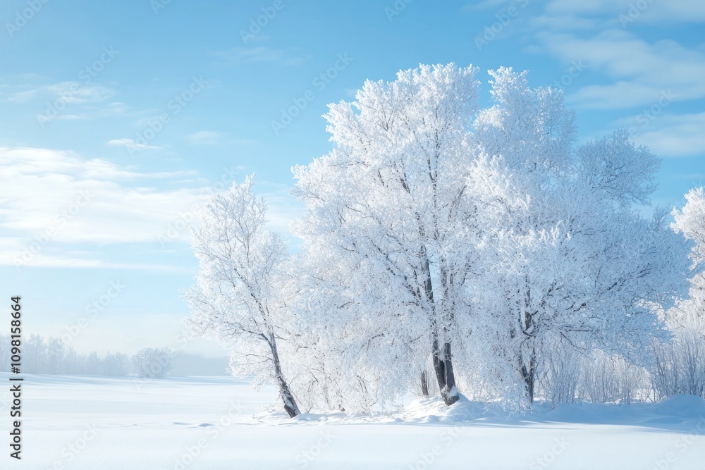 Fototapeta premium Winter landscape with frosted trees under a clear blue sky.