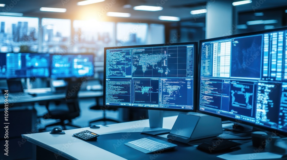 Naklejka premium A modern office workspace with multiple monitors displaying data and analytics.