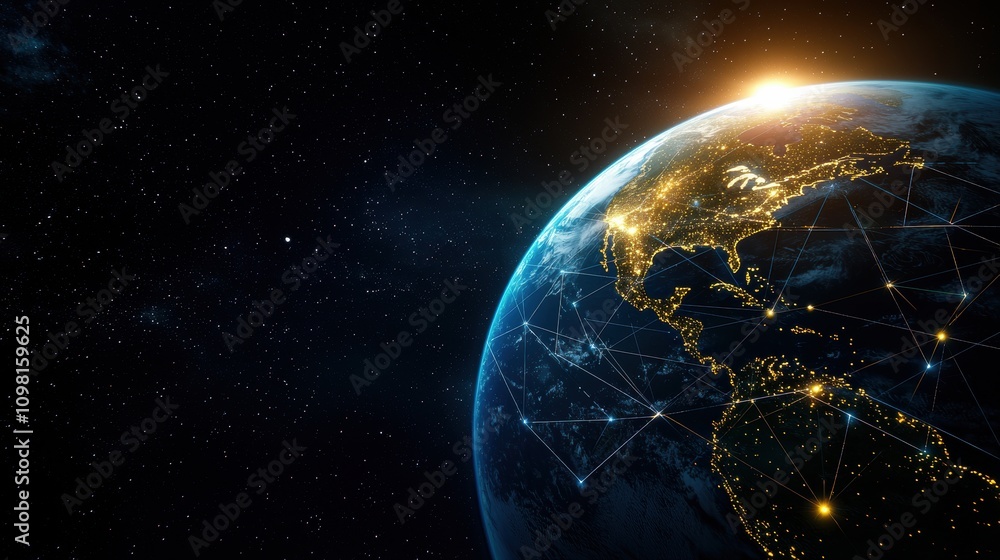 Obraz premium visualize global international digital Concept. A stunning view of Earth from space, showcasing illuminated cities and a glowing horizon, symbolizing connectivity and the beauty of our planet.