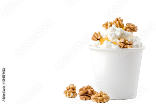 Fresh Yogurt Dessert with Crunchy Walnuts in a White Paper Cup photo