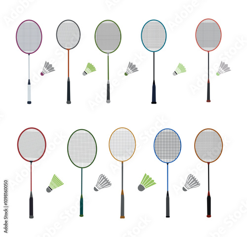 Badminton Vector Clip Art Silhouette Set, Racket Illustration Isolated Sport Elements And equipment, Professional Badminton Player Silhouette Outline With Element, Sport Feather Collection.