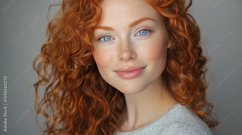 Fototapeta premium A beautiful close-up portrait of a young woman with striking red curly hair and blue eyes. She wears a light sweater and has a gentle expression, ideal for lifestyle, beauty, and fashion photography