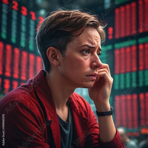 A person looking worried at a market crash, surrounded by red numbers