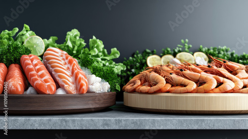 Seafood Market in Greece, vibrant 3D illustration showcasing fresh catches, rich colors, and inviting atmosphere with ample text space. photo