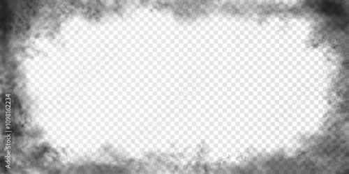 Black realistic clouds around the 2 to 1 side horizontal ractangular frame with empty space for text or inscription. Vector smog or stormy like cloudiness isolated on transparent background