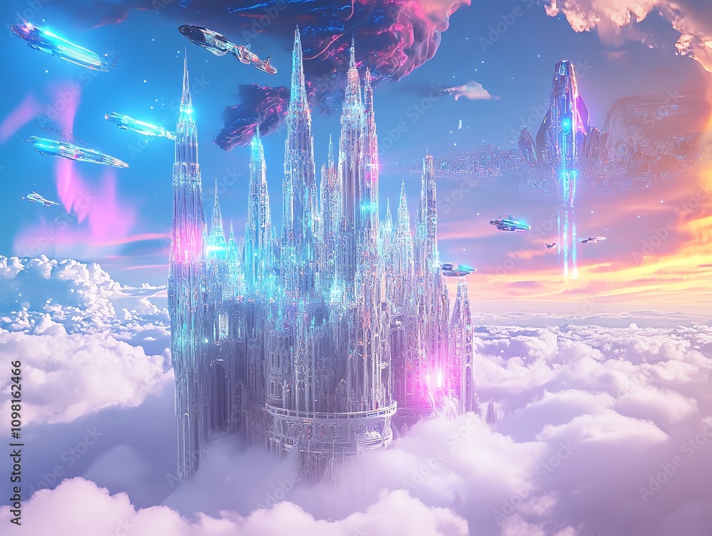 Obraz premium Futuristic crystal castle floats amidst vibrant clouds and spaceships. A fantasy scene of otherworldly beauty and technological wonder.