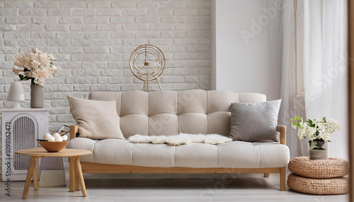 Beautiful interior of light living room with sofa and glaucophane on table photo