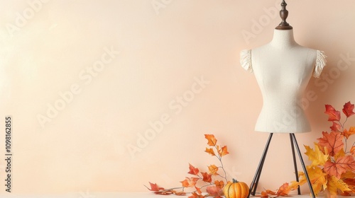 A stylish mannequin with autumn leaves and pumpkin, perfect for fall-themed decor.