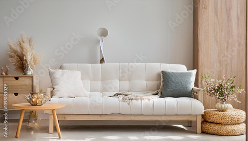 Beautiful interior of light living room with sofa and glaucophane on table photo