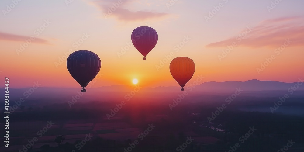 Fototapeta premium Colorful hot air balloons soar over a stunning desert landscape at sunset. created by ai