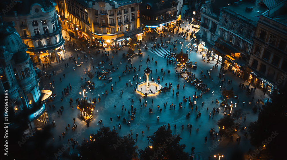 Fototapeta premium A busy city square at night, filled with people and lit by warm streetlights, as the surrounding buildings glow with light 