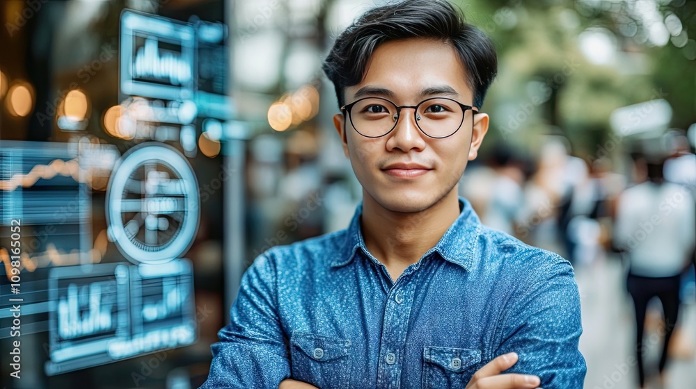 Obraz premium Man standing with crossed arms in front of futuristic trading screens showcasing financial graphs and complex metrics.