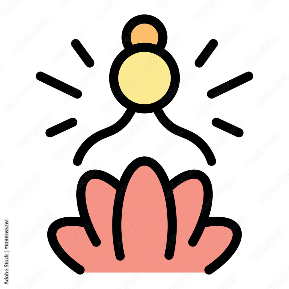 Obraz premium Cartoon meditating person levitating over lotus flower, radiating positive energy, representing mindfulness, meditation, and spiritual growth