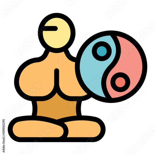 Cartoon meditating person holding yin yang symbol, representing harmony, balance and meditation practice