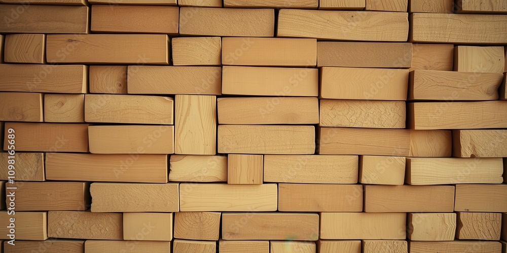 Fototapeta premium A textured wall created with an intricate arrangement of wooden blocks, showcasing the natural beauty of wood grain and the artistic potential of simple materials.