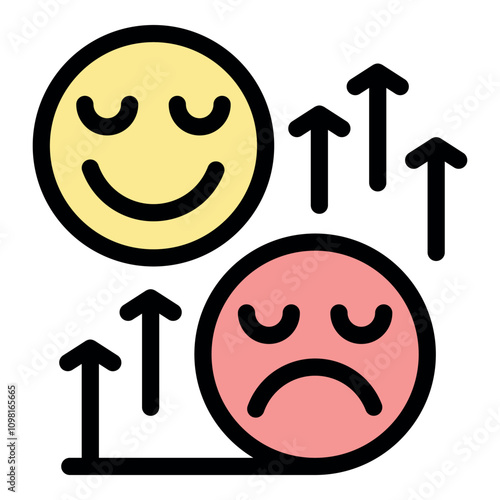Expressing mood change from sadness to happiness, visualized by emoticons and upward arrows, symbolizing mental health improvement