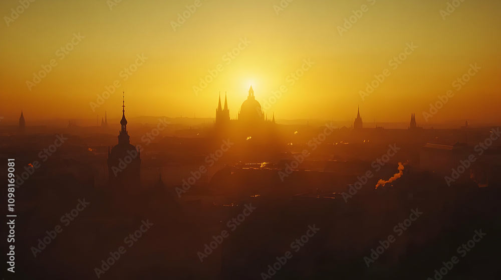 Naklejka premium Golden Hour Cityscape Silhouette Illustration