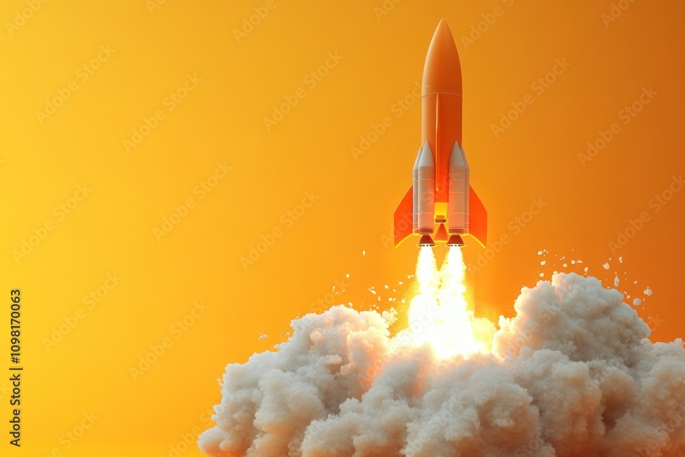 Naklejka premium The rocket taking off with a powerful burst of white smoke and flames. Gradient yellow and soft orange background. Concept of innovation, progress, startups, launching new projects or ideas.