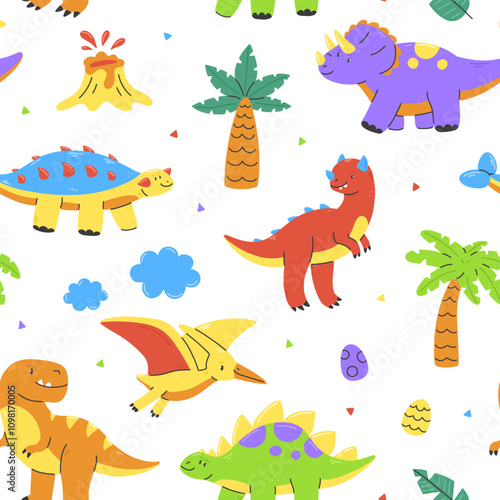 Seamless pattern with cute dinosaurs on white background. Dino vector Illustration background.