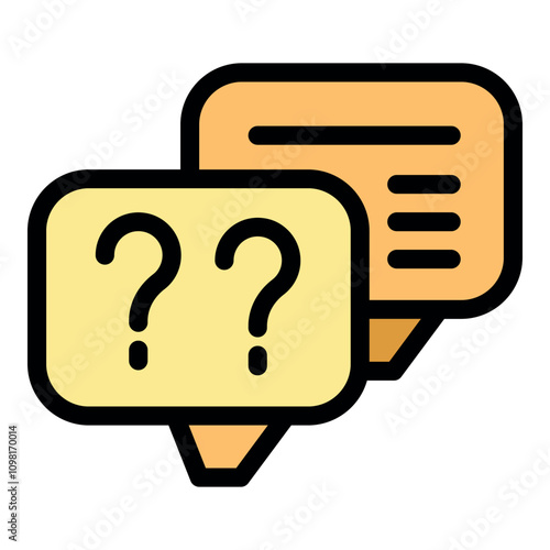 Two overlapping speech bubbles, one with question marks and one with horizontal lines, represent online q and a and communication