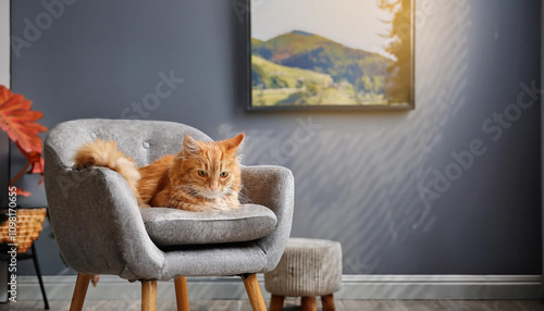 A beautifull Cute red cat lying on grey armchair in living room photo