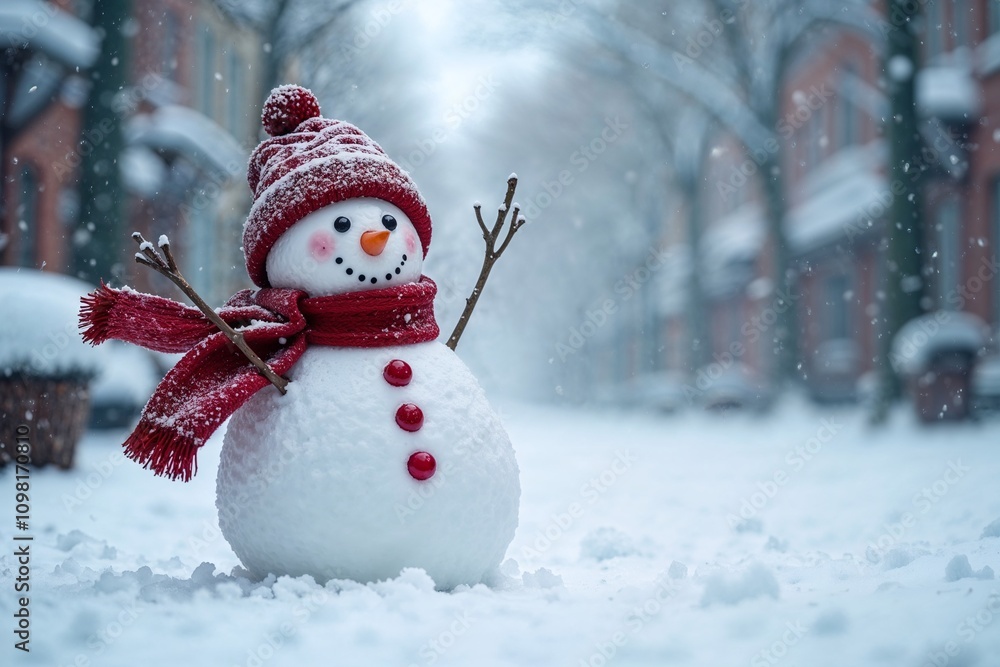 Fototapeta premium Playful Snowman Toy in Hat and Scarf, Standing on a Snow-Covered Street