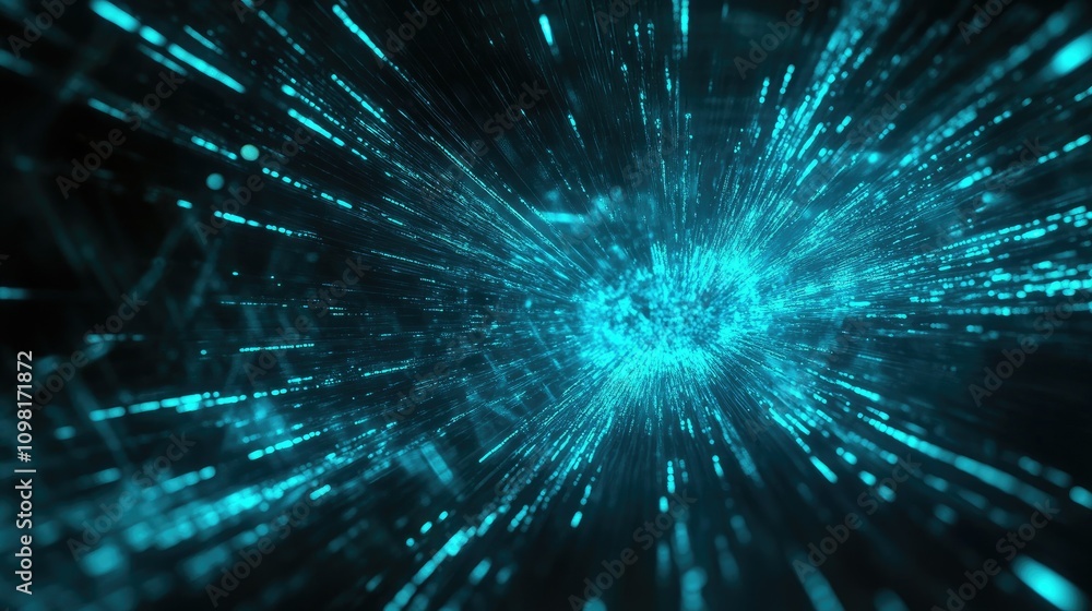 Fototapeta premium Close-up of glowing blue optical fibers with turquoise tips, creating a futuristic, digital effect in a dark space.
